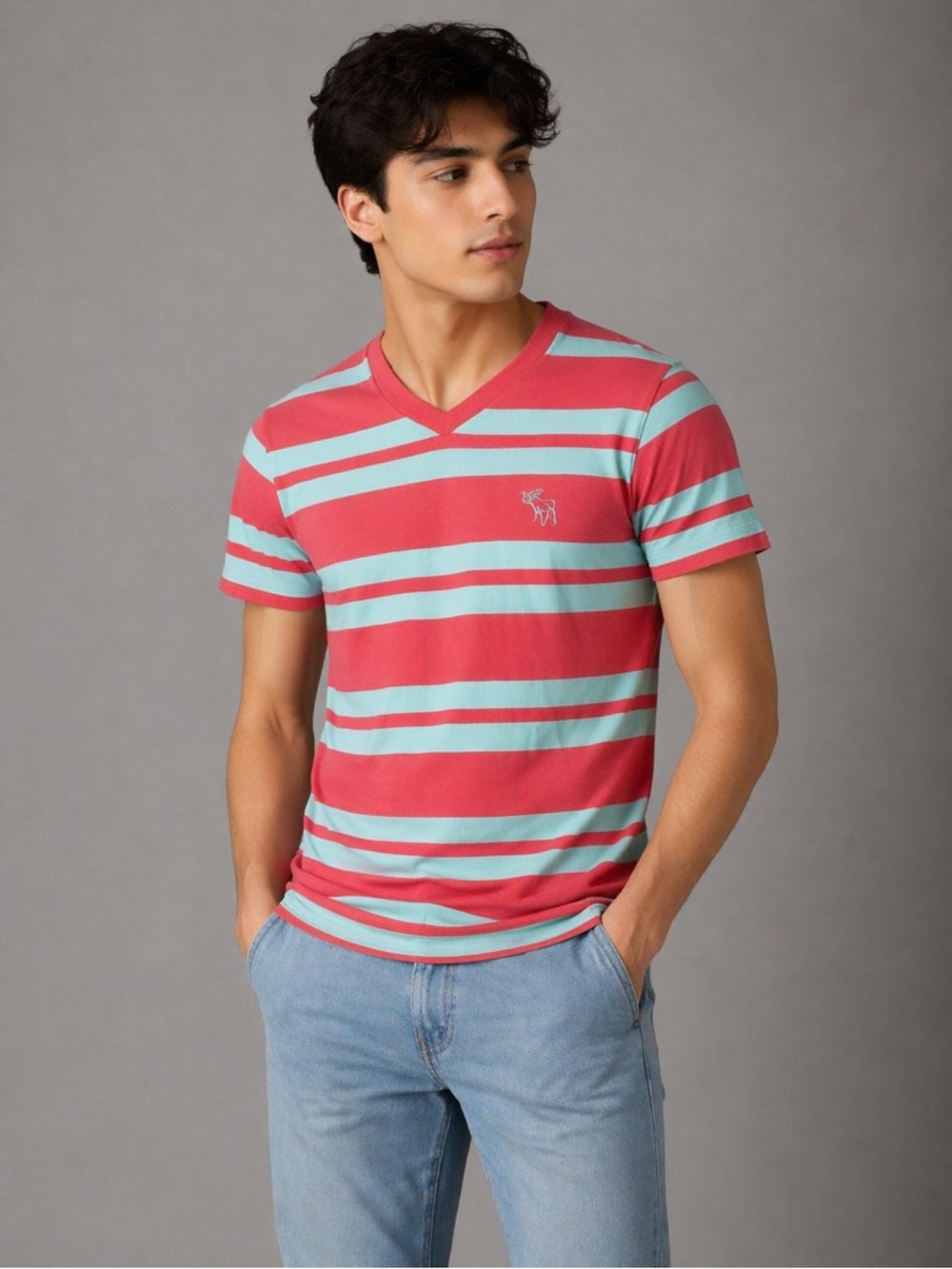 Abercrombie & Fitch Cotton Striped V-Neck T-Shirt Red Blue Muscle Size S
